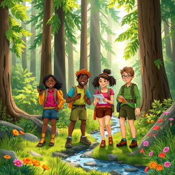 An enchanting and vibrant illustration of a diverse group of people exploring a lush forest, with sunlight filtering through the trees, creating dappled light on the forest floor