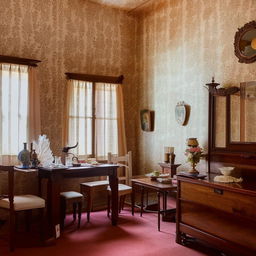 A well-preserved heritage room filled with antique furniture, vintage wallpapers, and various historical artifacts that exude old-world charm.