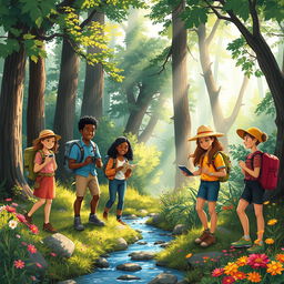 An enchanting and vibrant illustration of a diverse group of people exploring a lush forest, with sunlight filtering through the trees, creating dappled light on the forest floor