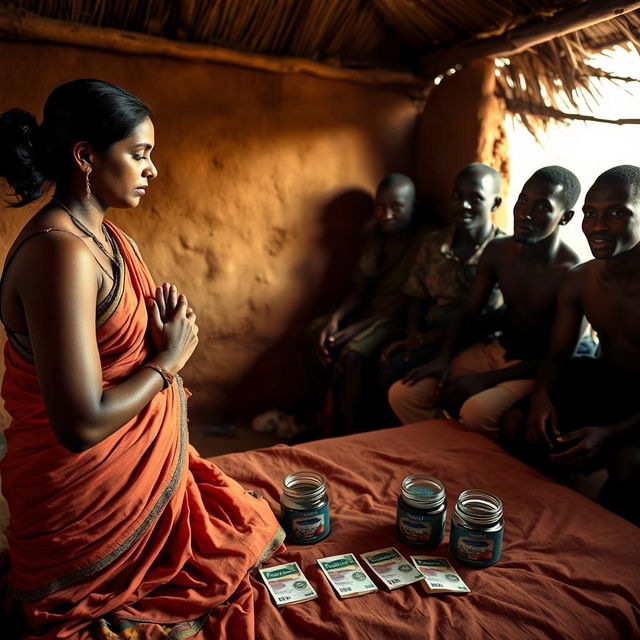 A dusky Indian woman in a traditional saree that drapes elegantly, looking tired yet calm, is kneeling in prayer with her hands clasped together