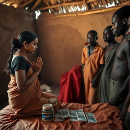 A dusky Indian woman in a traditional saree that drapes elegantly, looking tired yet calm, is kneeling in prayer with her hands clasped together