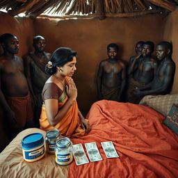 A dusky Indian woman in a traditional saree that drapes elegantly, looking tired yet calm, is kneeling in prayer with her hands clasped together