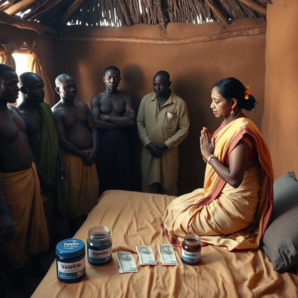 A dusky Indian woman in a traditional saree that drapes elegantly, looking tired yet calm, is kneeling in prayer with her hands clasped together