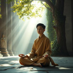 A mystical scene depicting a young disciple in a serene temple courtyard, surrounded by towering ancient columns draped with ivy