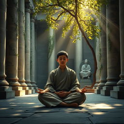 A mystical scene depicting a young disciple in a serene temple courtyard, surrounded by towering ancient columns draped with ivy