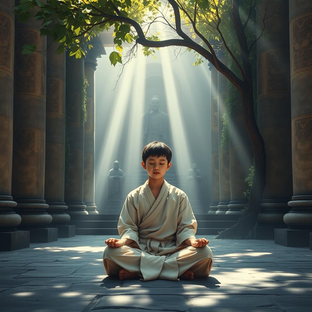 A mystical scene depicting a young disciple in a serene temple courtyard, surrounded by towering ancient columns draped with ivy