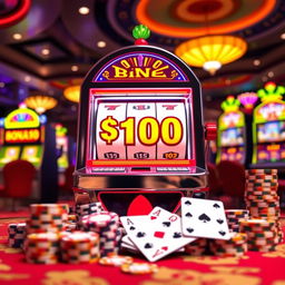 A vibrant and enticing casino scene featuring a bright and colorful slot machine displaying a $100 bonus on a $100 bet