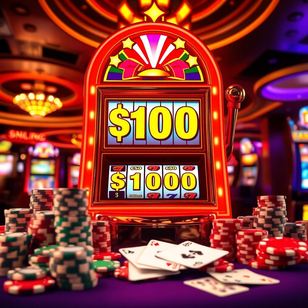 A vibrant and enticing casino scene featuring a bright and colorful slot machine displaying a $100 bonus on a $100 bet