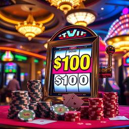 A vibrant and enticing casino scene featuring a bright and colorful slot machine displaying a $100 bonus on a $100 bet