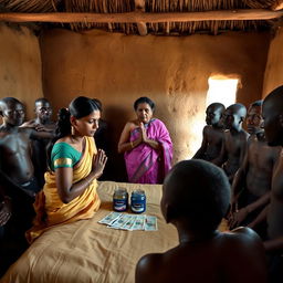 A dusky Indian woman in a traditional saree, appearing tired yet serene, is kneeling in prayer with her hands held together