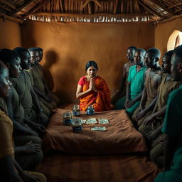 A dusky Indian woman in a traditional saree, appearing tired yet serene, is kneeling in prayer with her hands held together