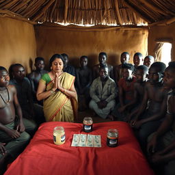 A dusky Indian woman in a traditional saree, appearing tired yet serene, is kneeling in prayer with her hands held together