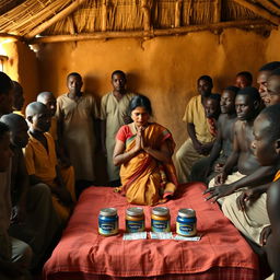 A dusky Indian woman in a traditional saree, appearing tired yet serene, is kneeling in prayer with her hands held together