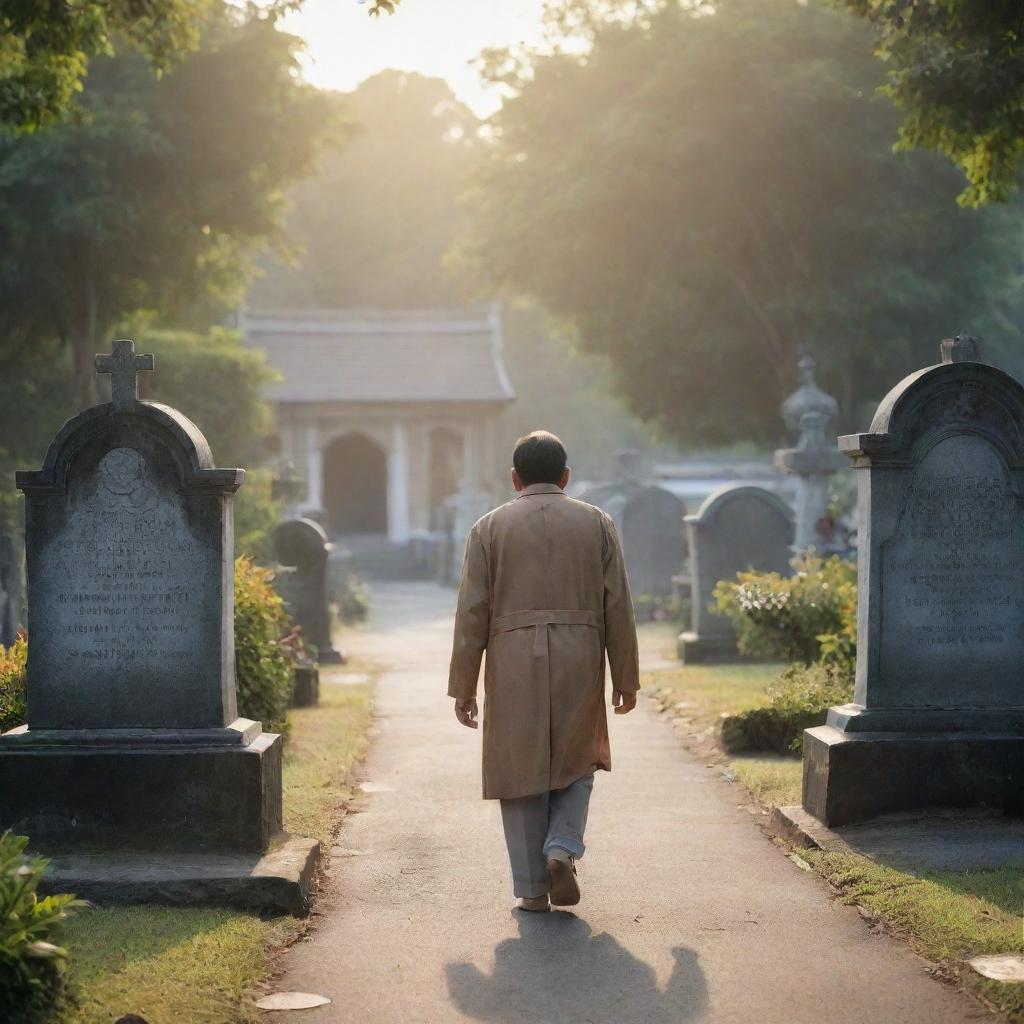 A solemn scene of a Filipino man, dressed in respectful attire, leaving his house in the early morning light, heading towards a serene graveyard where his mother's tombstone quietly stands.