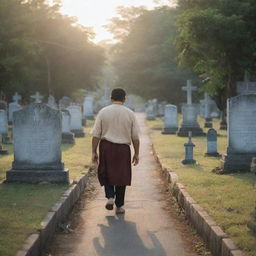 A solemn scene of a Filipino man, dressed in respectful attire, leaving his house in the early morning light, heading towards a serene graveyard where his mother's tombstone quietly stands.