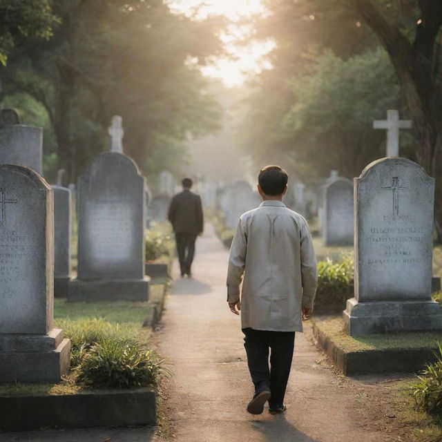 A solemn scene of a Filipino man, dressed in respectful attire, leaving his house in the early morning light, heading towards a serene graveyard where his mother's tombstone quietly stands.