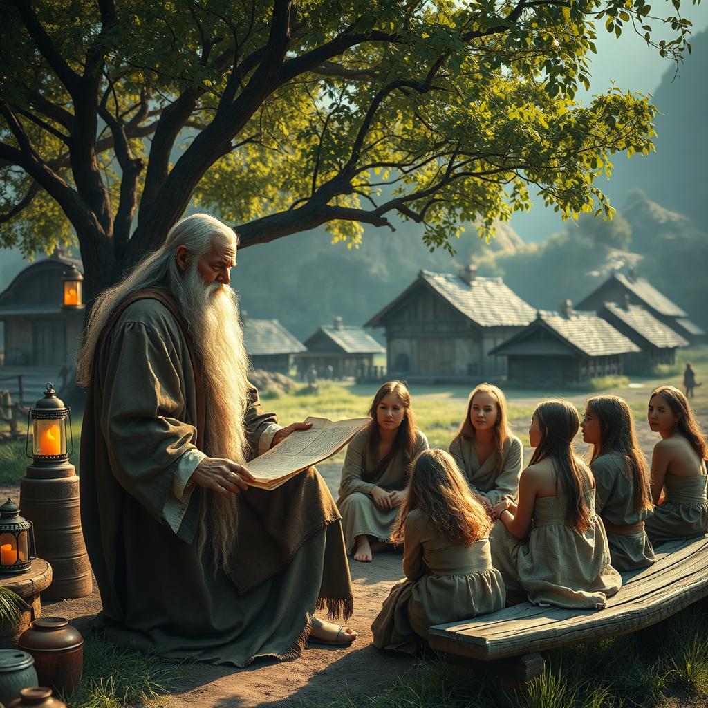 A powerful and evocative image depicting a scene of discipleship in a rustic village setting