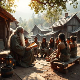 A powerful and evocative image depicting a scene of discipleship in a rustic village setting