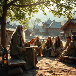 A powerful and evocative image depicting a scene of discipleship in a rustic village setting