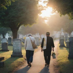 A solemn scene of a Filipino man, dressed in respectful attire, leaving his house in the early morning light, heading towards a serene graveyard where his mother's tombstone quietly stands.