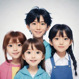 An animated family portrait of three girls and four boys. They are posing together, each with their unique features and styles. This image should emulate the vivid, energetic style of anime.