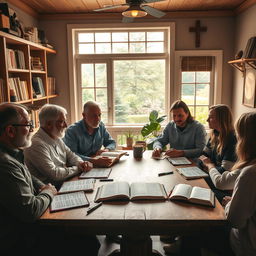 An inviting and serene setting for a Bible study session, depicted inside a cozy room filled with warm, soft lighting