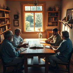 An inviting and serene setting for a Bible study session, depicted inside a cozy room filled with warm, soft lighting