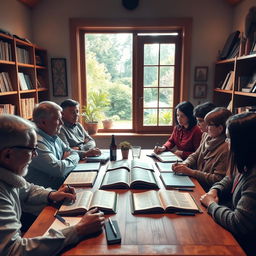 An inviting and serene setting for a Bible study session, depicted inside a cozy room filled with warm, soft lighting