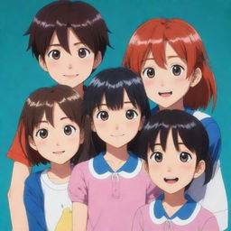 An animated family portrait of three girls and four boys. They are posing together, each with their unique features and styles. This image should emulate the vivid, energetic style of anime.