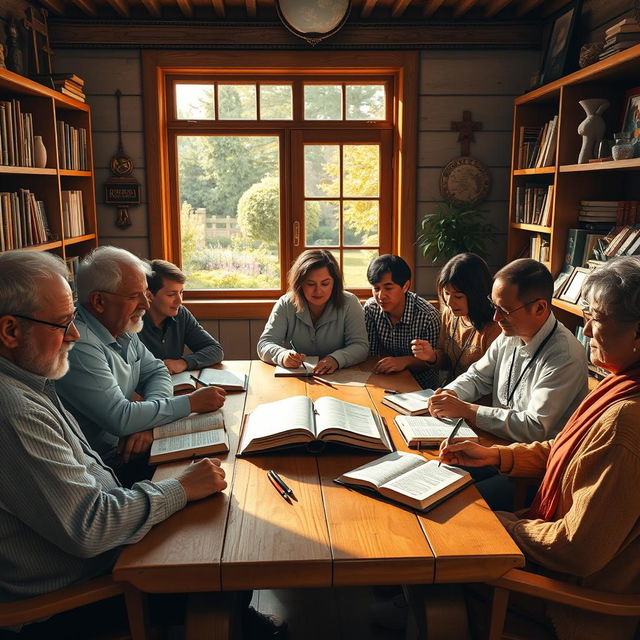 An inviting and serene setting for a Bible study session, depicted inside a cozy room filled with warm, soft lighting