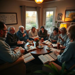 An inviting setting for a Bible study session, depicted in a cozy living room with warm, ambient lighting