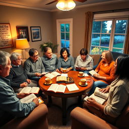 An inviting setting for a Bible study session, depicted in a cozy living room with warm, ambient lighting