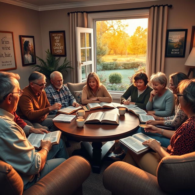 An inviting setting for a Bible study session, depicted in a cozy living room with warm, ambient lighting