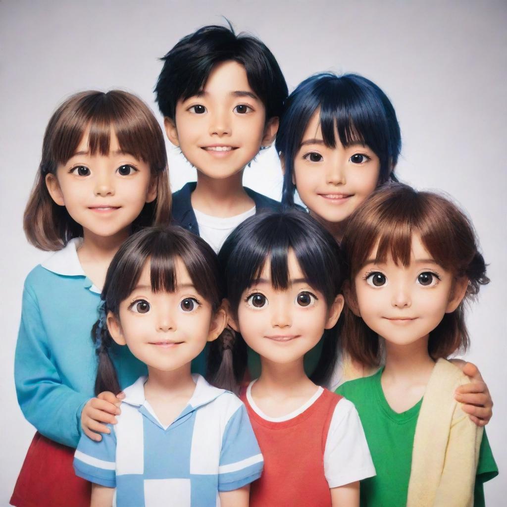 An animated family portrait of three girls and four boys. They are posing together, each with their unique features and styles. This image should emulate the vivid, energetic style of anime.