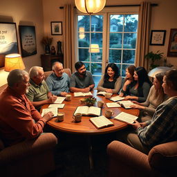 An inviting setting for a Bible study session, depicted in a cozy living room with warm, ambient lighting