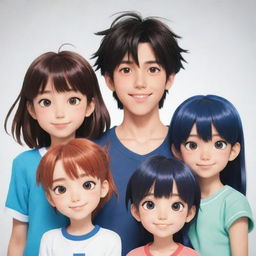 An animated family portrait of three girls and four boys. They are posing together, each with their unique features and styles. This image should emulate the vivid, energetic style of anime.