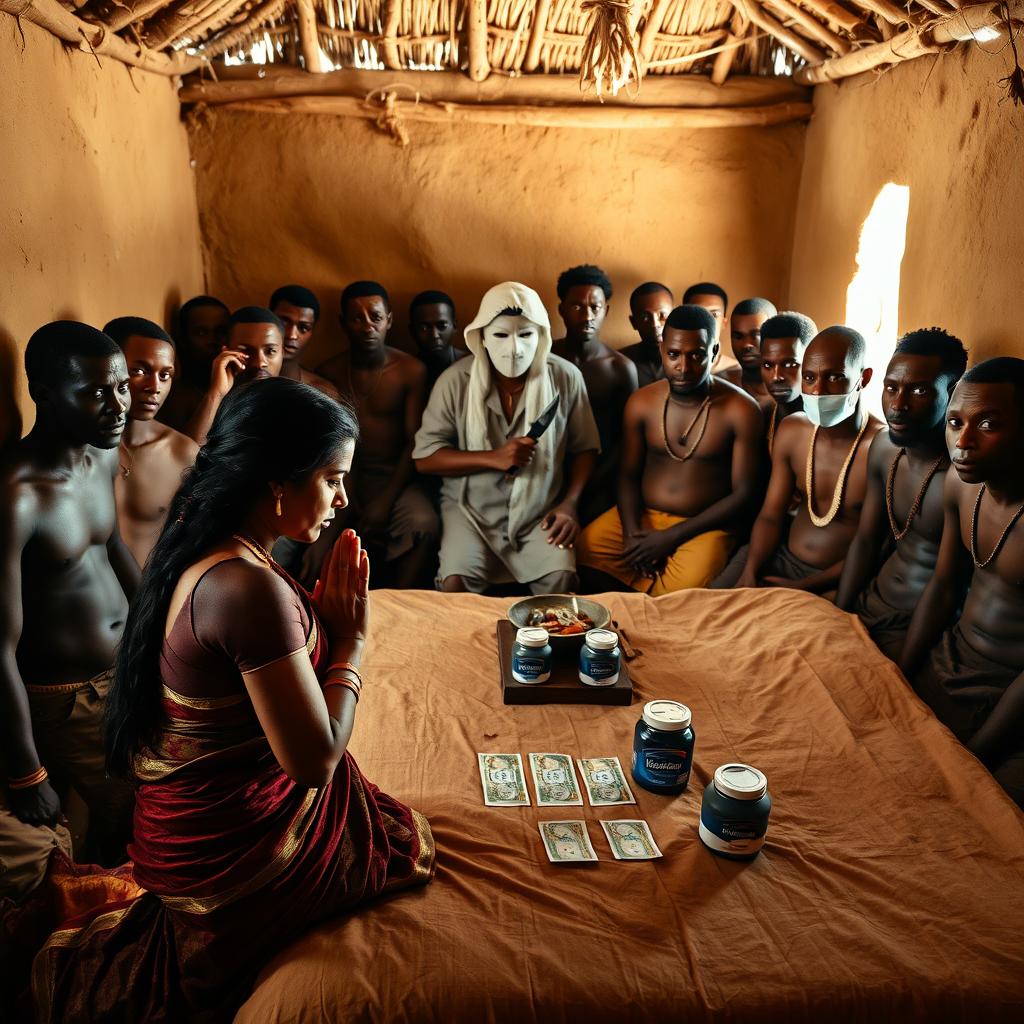 A dusky Indian woman in a traditional saree, appearing tired yet serene, is kneeling in prayer with her hands clasped together