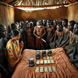 A dusky Indian woman in a traditional saree, appearing tired yet serene, is kneeling in prayer with her hands clasped together