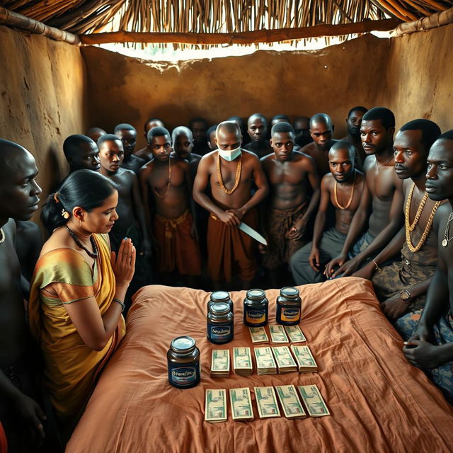 A dusky Indian woman in a traditional saree, appearing tired yet serene, is kneeling in prayer with her hands clasped together