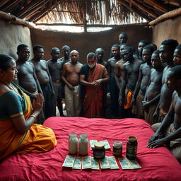 A dusky Indian woman in a traditional saree, appearing tired yet serene, is kneeling in prayer with her hands clasped together