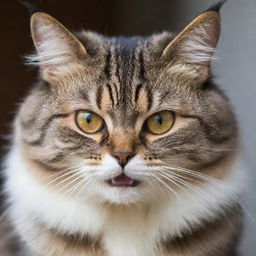 A domestic cat with puffed up fur, arched back, and bright eyes showing an angry expression.