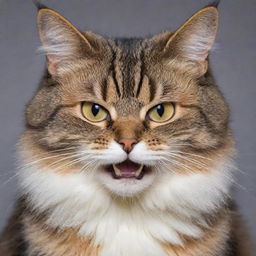 A domestic cat with puffed up fur, arched back, and bright eyes showing an angry expression.