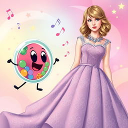 A vibrant scene featuring Taylor Swift in her Speak Now era, wearing a stunning, flowing gown adorned with intricate details, embodying the whimsical yet elegant aesthetic of that time