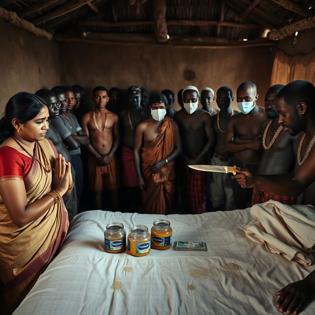 A dusky Indian woman in a traditional saree, displaying a tired yet serene expression, is kneeling in prayer with her hands clasped together