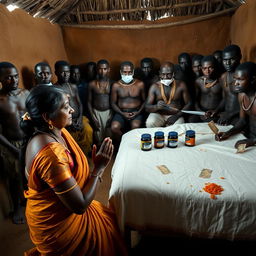 A dusky Indian woman in a traditional saree, displaying a tired yet serene expression, is kneeling in prayer with her hands clasped together