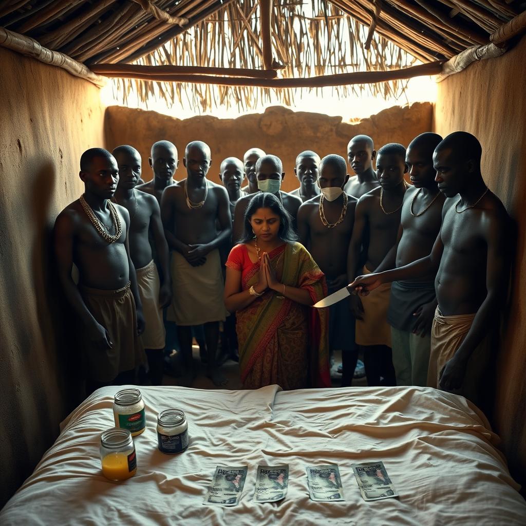 A dusky Indian woman in a traditional saree, displaying a tired yet serene expression, is kneeling in prayer with her hands clasped together