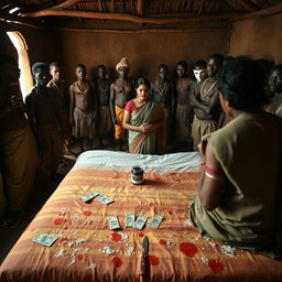 A dusky Indian woman in a traditional saree, appearing tired yet serene, kneels in prayer with her hands clasped together