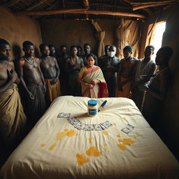 A dusky Indian woman in a traditional saree, appearing tired yet serene, kneels in prayer with her hands clasped together