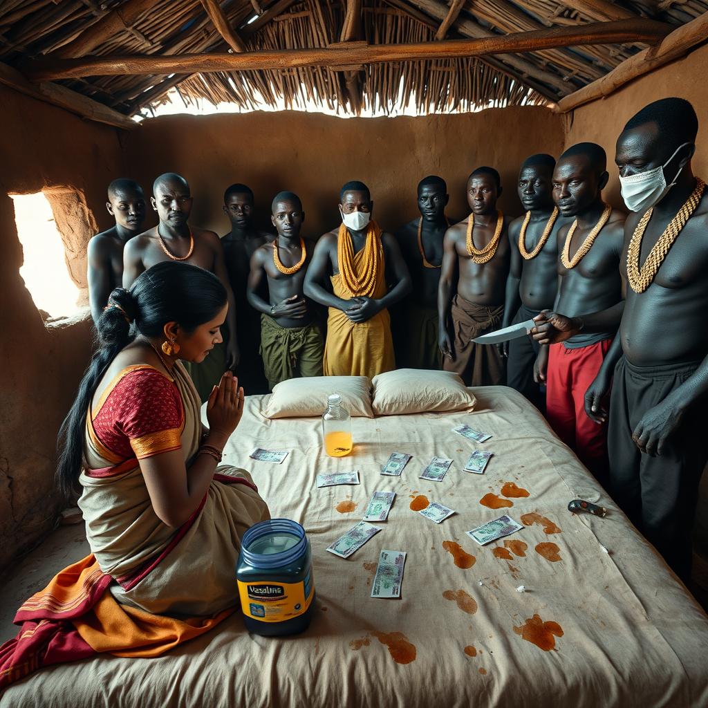 A dusky Indian woman in a traditional saree, appearing tired yet serene, kneels in prayer with her hands clasped together