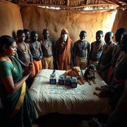 A dusky Indian woman in a traditional saree, looking tired yet serene, is kneeling in prayer with her hands clasped together